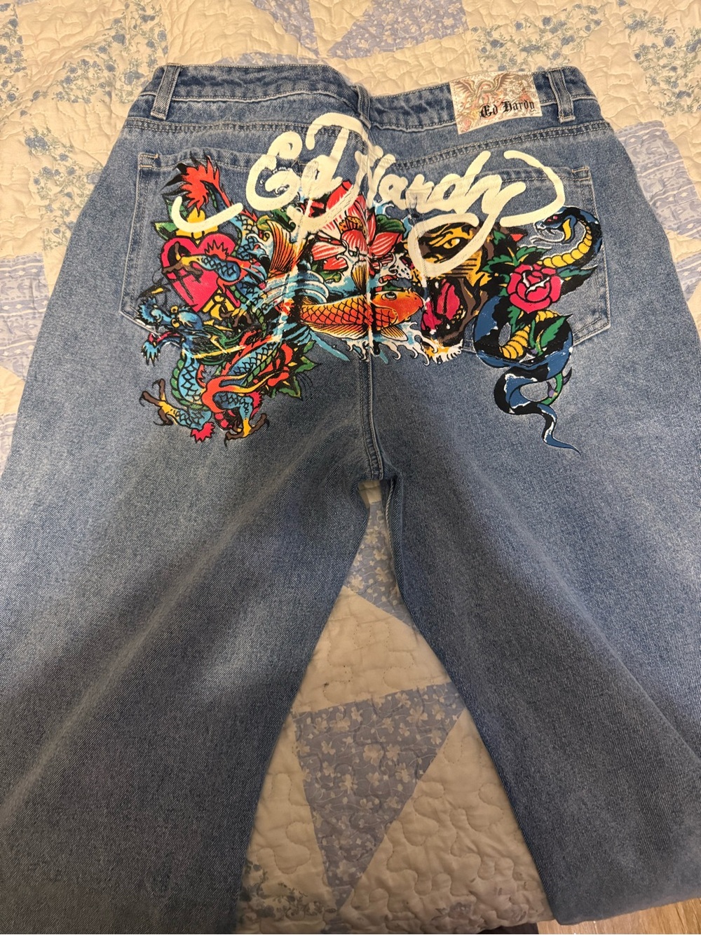 Ed Hardy Light Blue Denim Jeans with Multicolor Back Tattoo Graphic